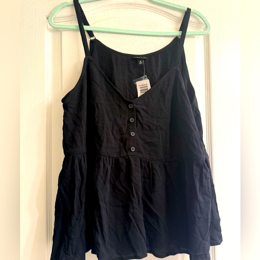 Torrid Crinkle Gauze Black Babydoll Racerback Button Tank Top Blouse - size 0X